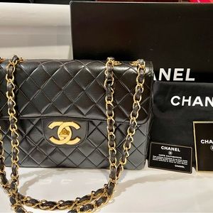 SOLD!! CHANEL Vintage 24K Classic Jumbo Single Flap Lambskin in Black with GHW